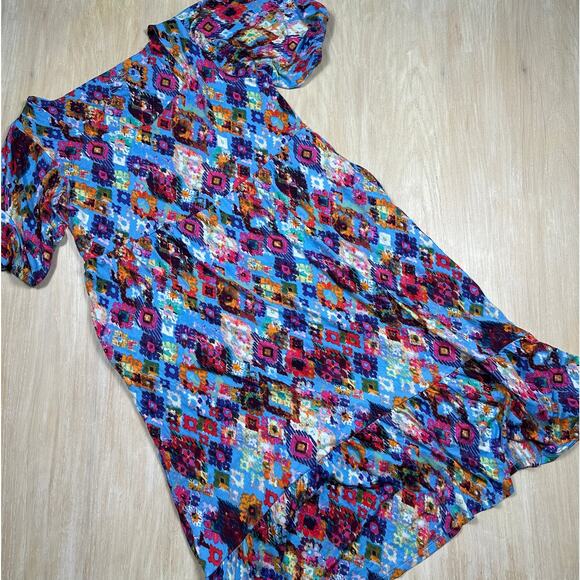 Terra & Sky Tiered Maxi Abstract Watercolor High Low Artistic Casual Dress 0X - Picture 9 of 16